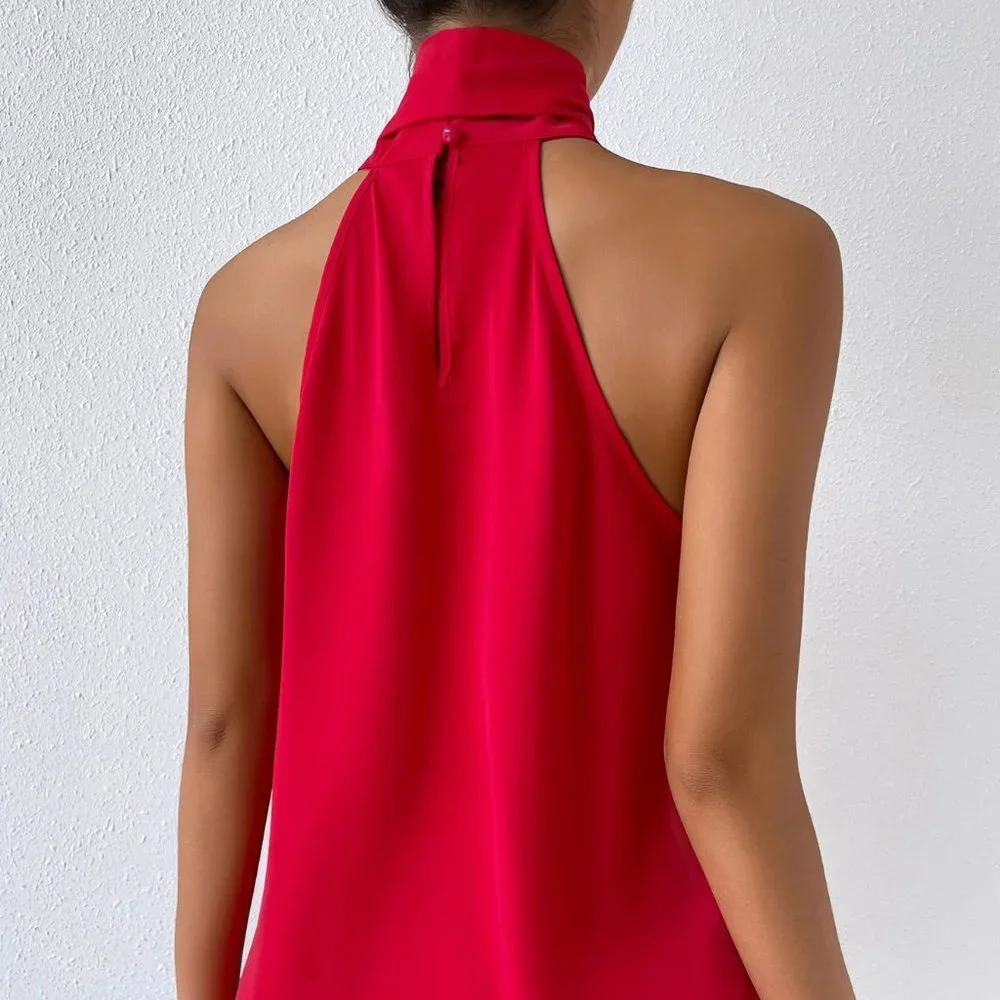 Red Preppy Womens Solid Tie Neck Halter Top - Picture 2 of 5